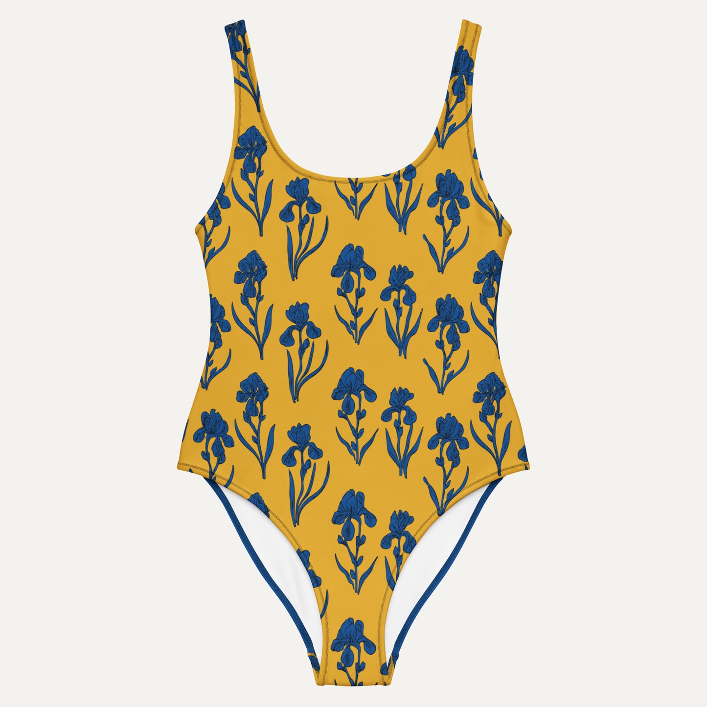 Yellow swimsuit with blue floral pattern on a white background