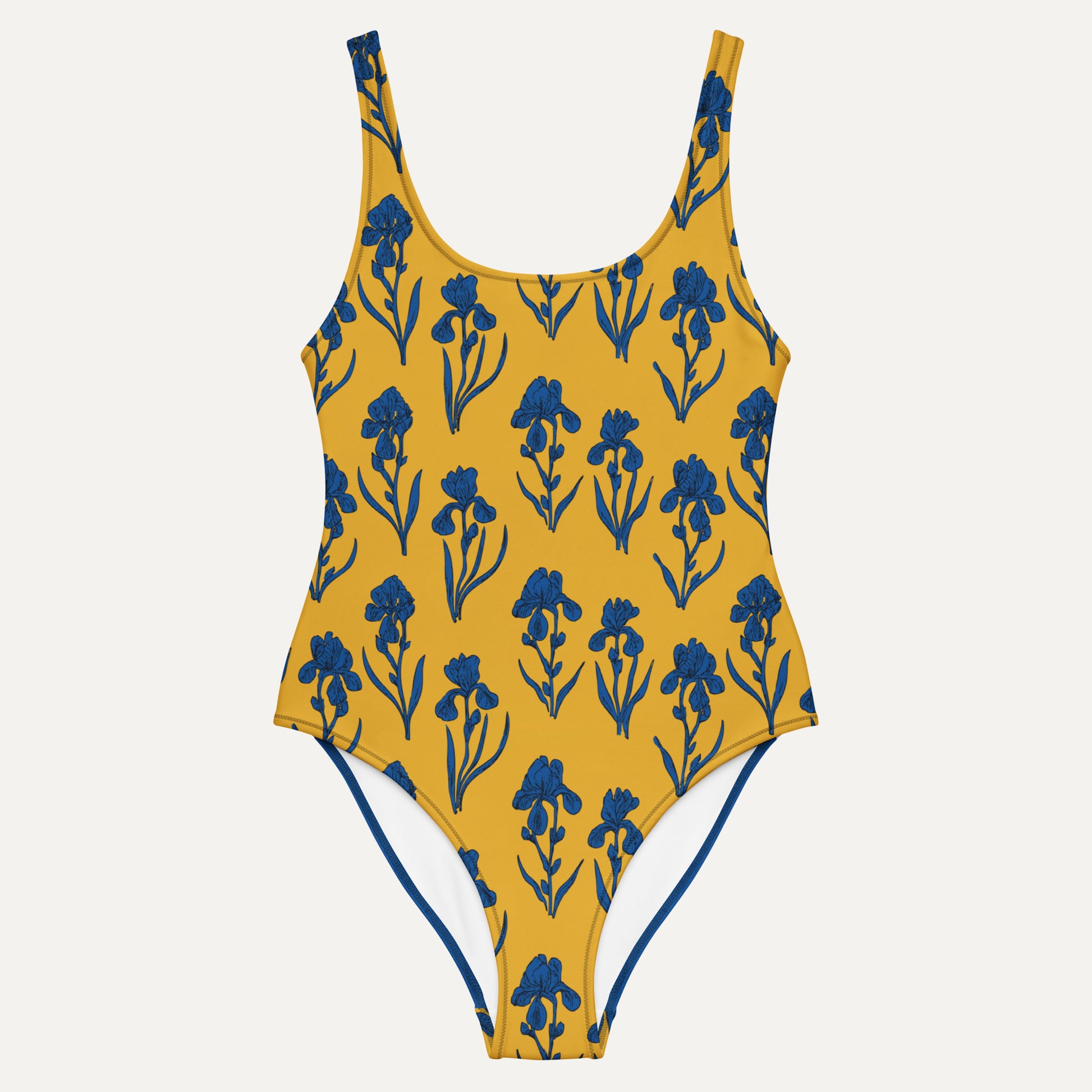 Yellow swimsuit with blue floral pattern on a white background