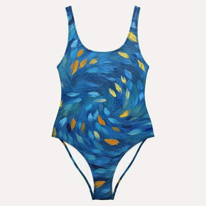 Blue patterned swimsuit on a light gray background