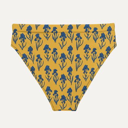 Yellow bikini bottom with blue floral pattern on a white background