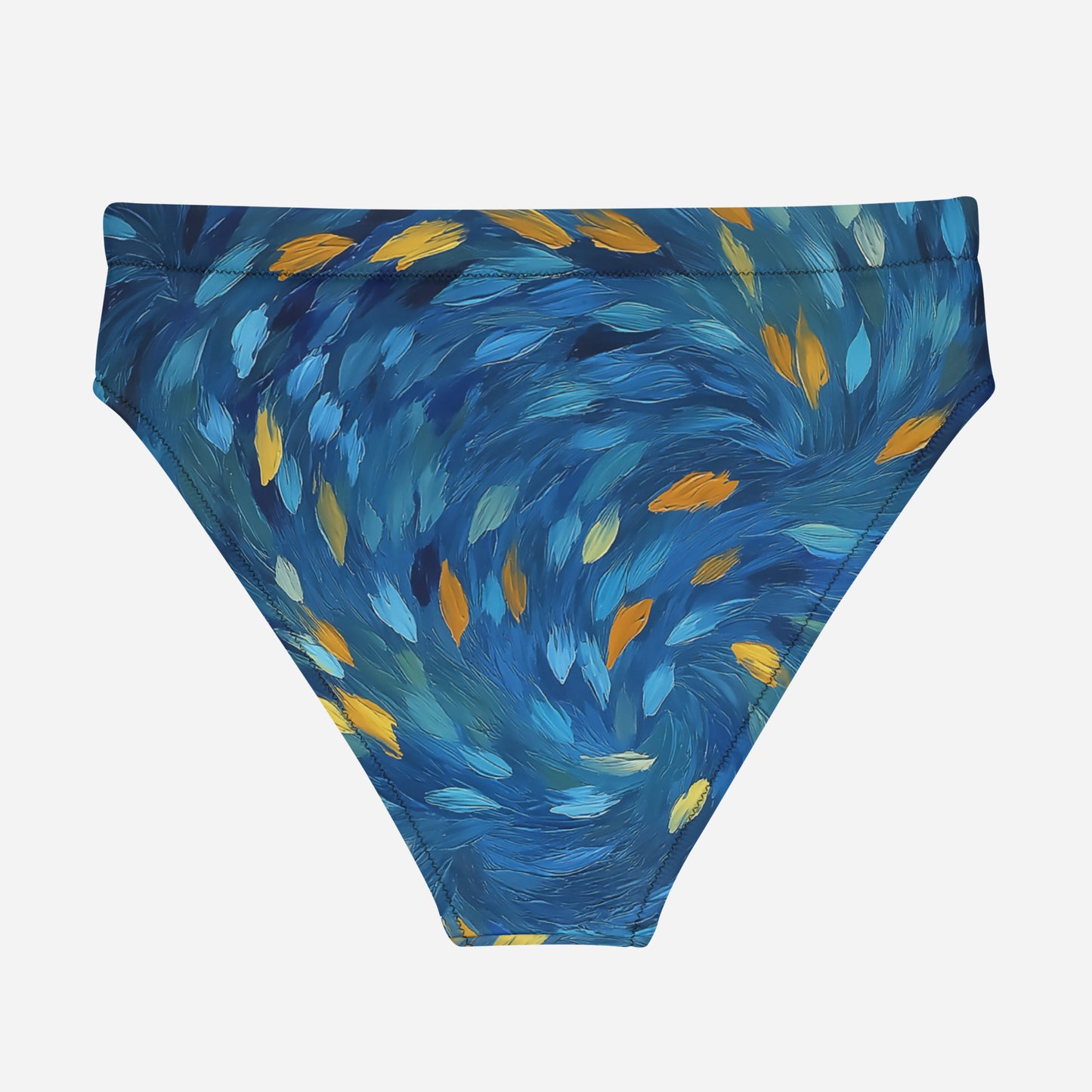 Sustainable bikini bottom with vivid blue and gold abstract design