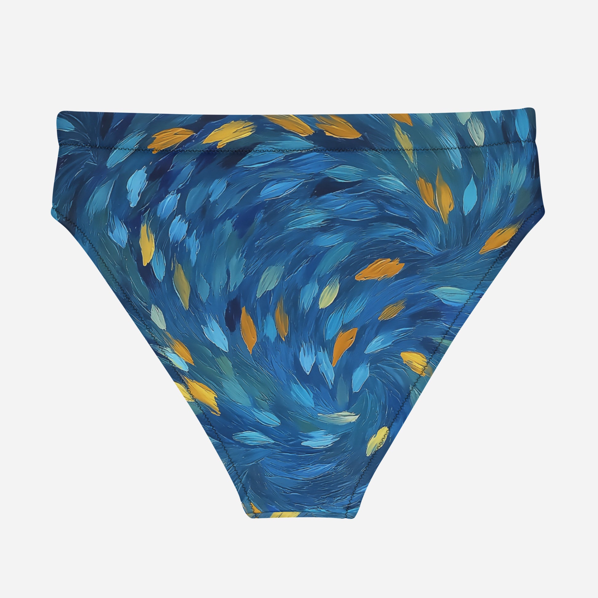 Sustainable bikini bottom with vivid blue and gold abstract design