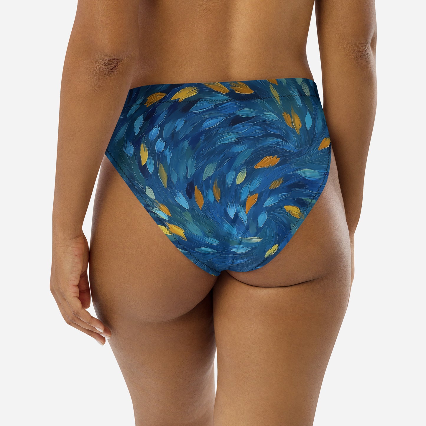 Blue and yellow abstract art swim bottom made from sustainable materials