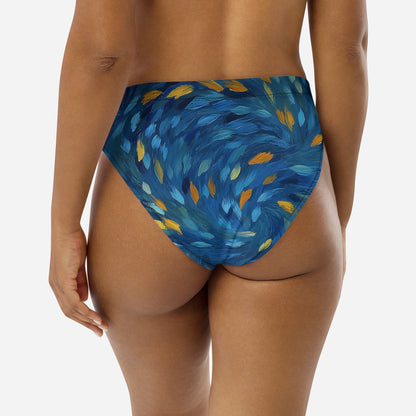Blue and yellow abstract art swim bottom made from sustainable materials