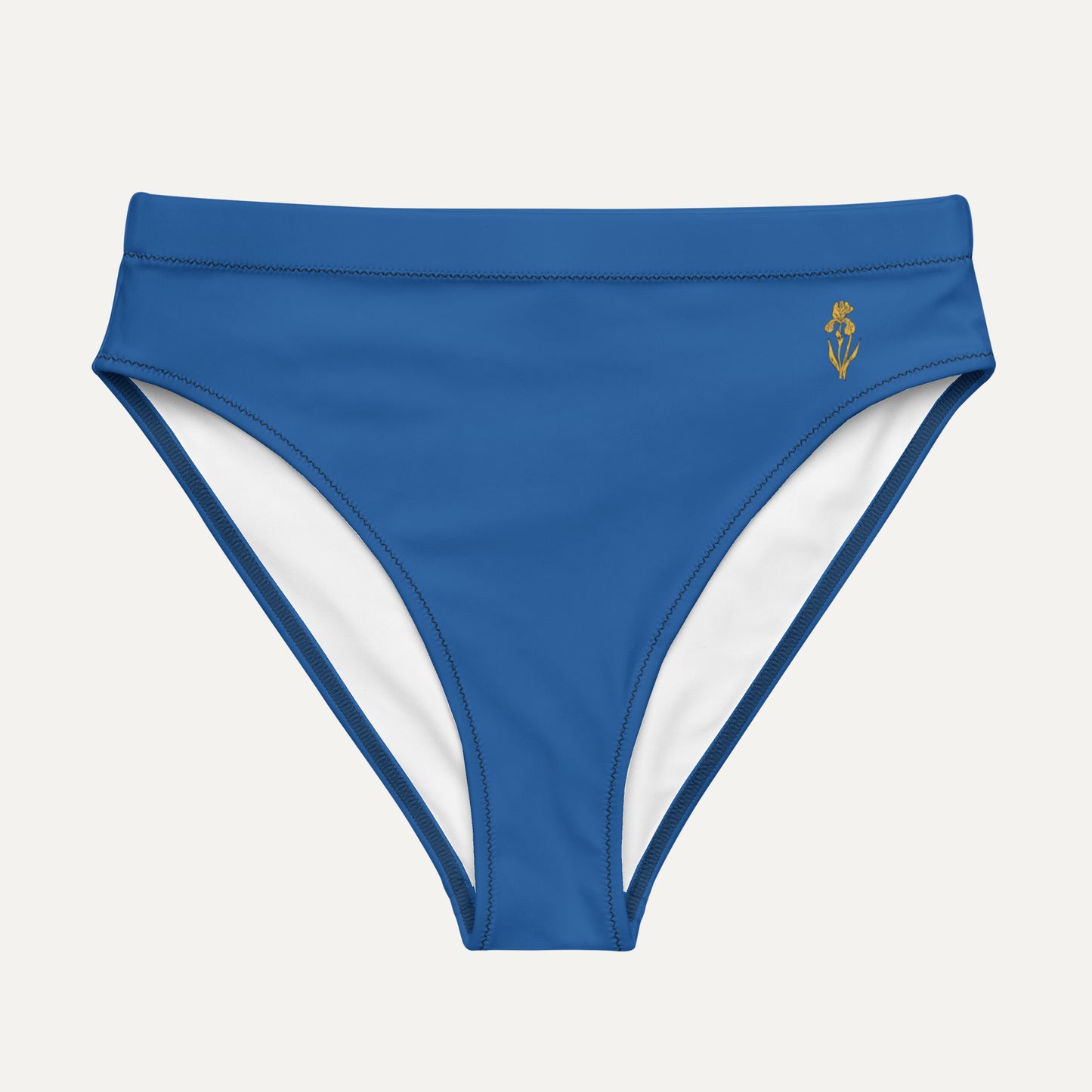 Blue bikini bottom with a gold logo on a light gray background