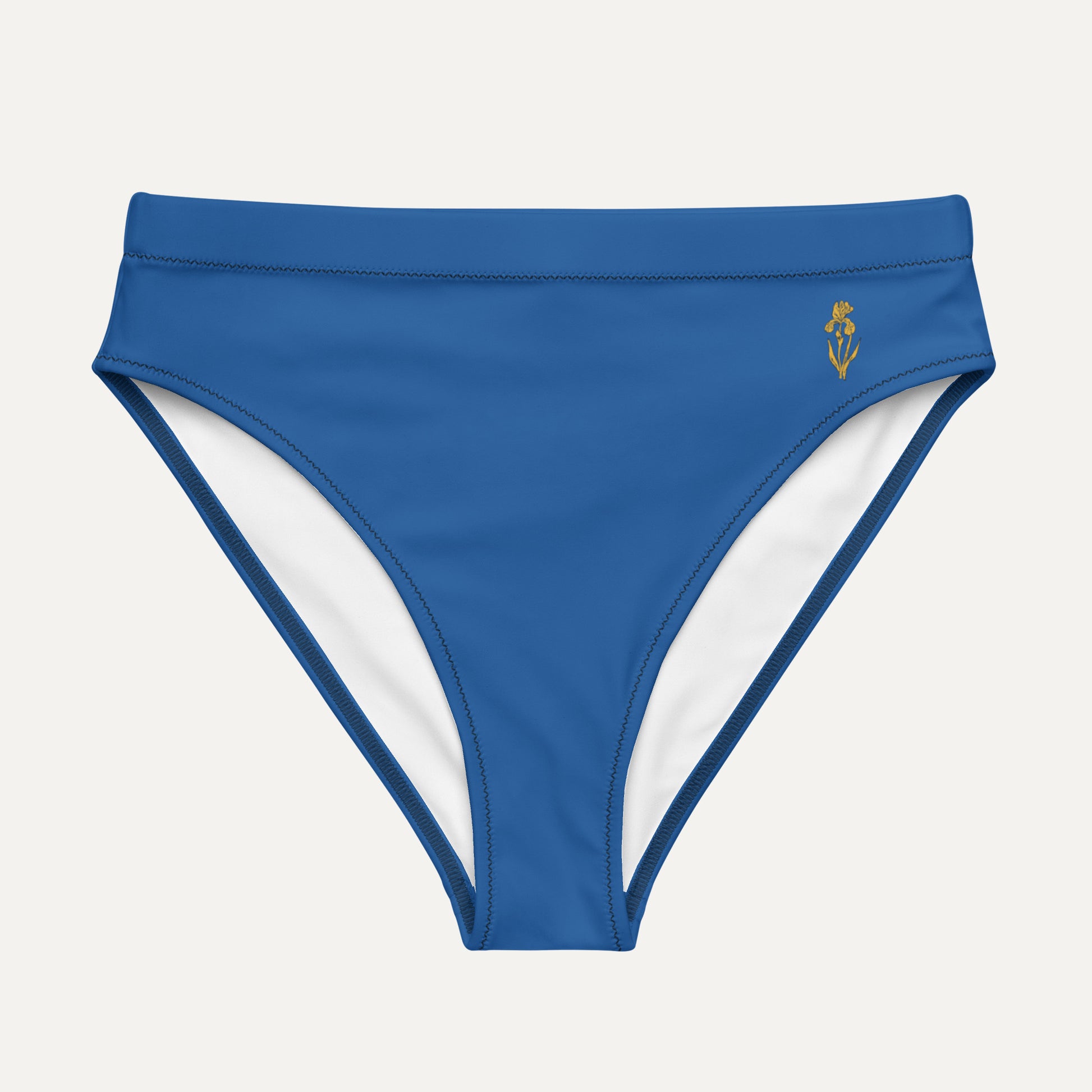 Blue bikini bottom with a gold logo on a light gray background