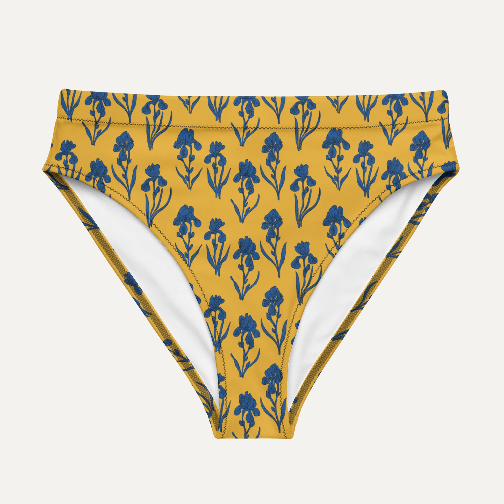 Yellow bikini bottom with blue floral pattern on a white background