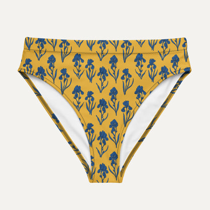 Yellow bikini bottom with blue floral pattern on a white background