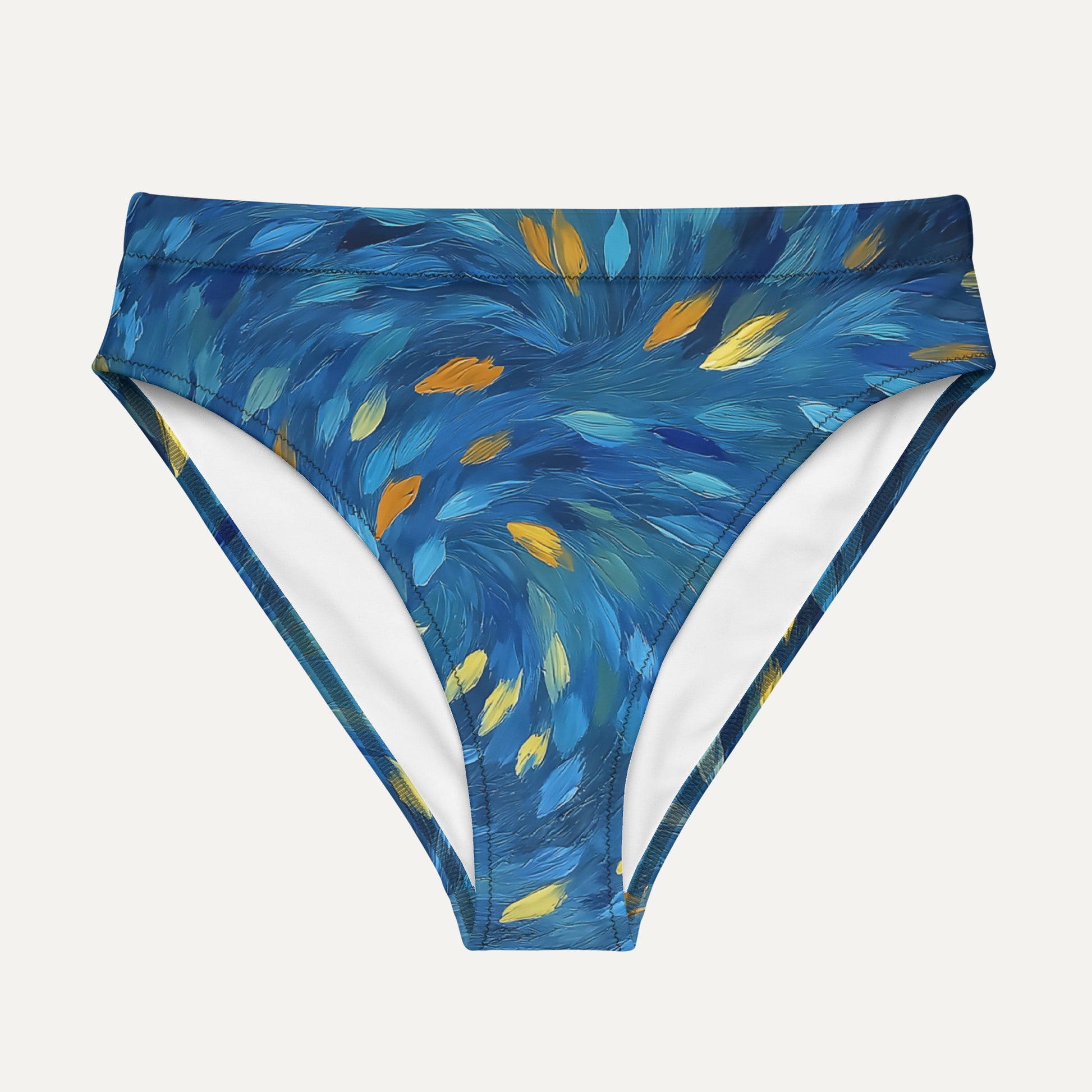Blue and yellow patterned bikini bottom on a white background