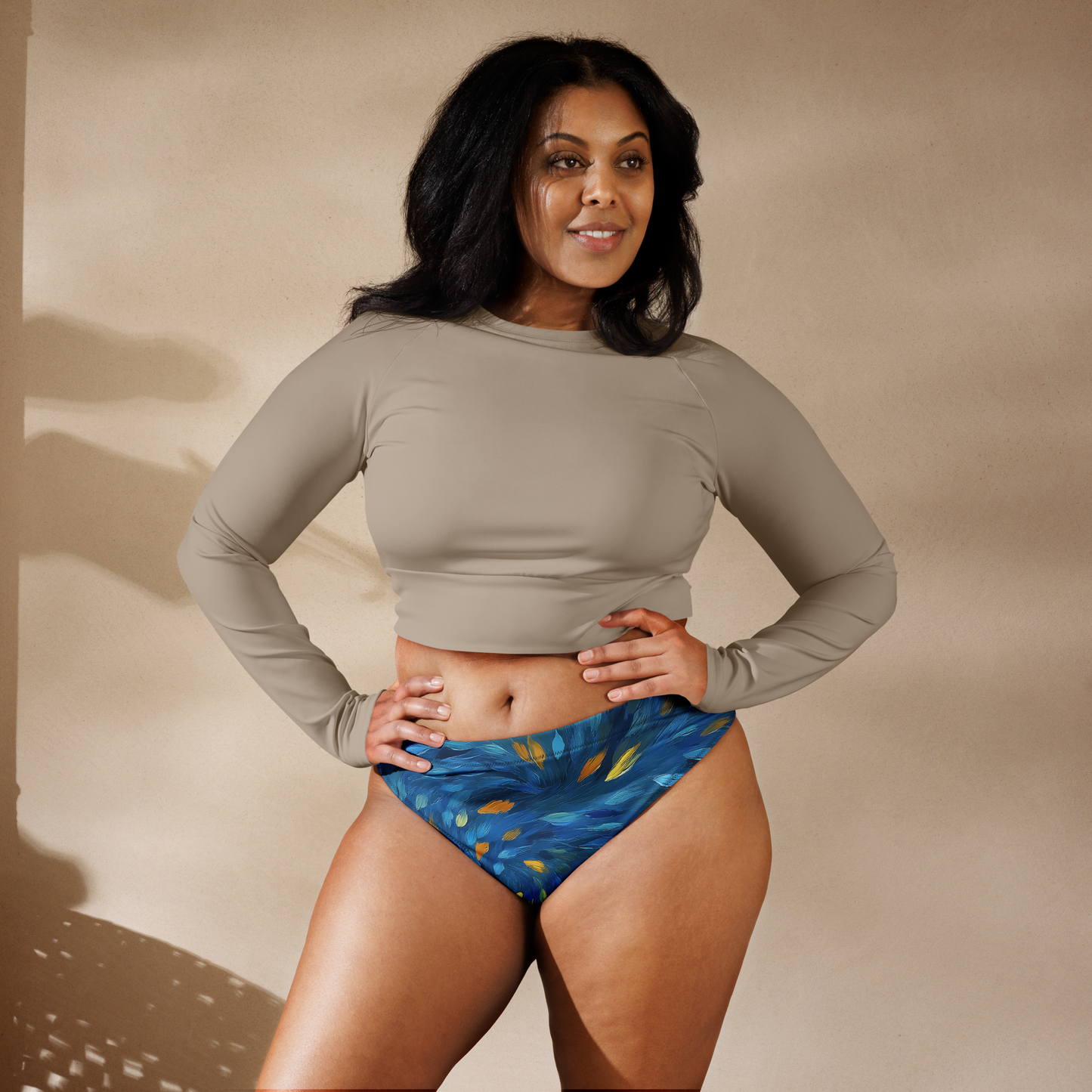 High-waisted recycled swim bottom in extra large size with art print