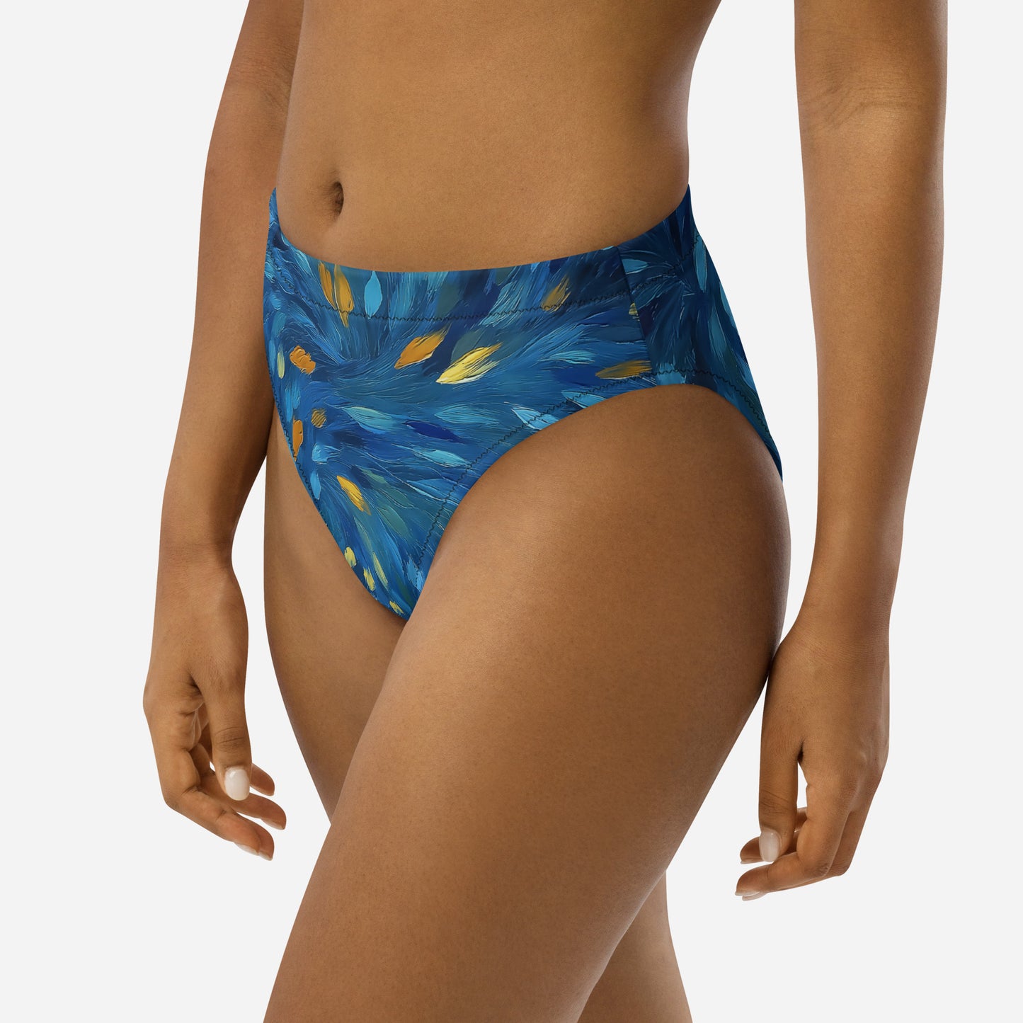 Eco-friendly high-waisted bikini bottom with swirling painterly print