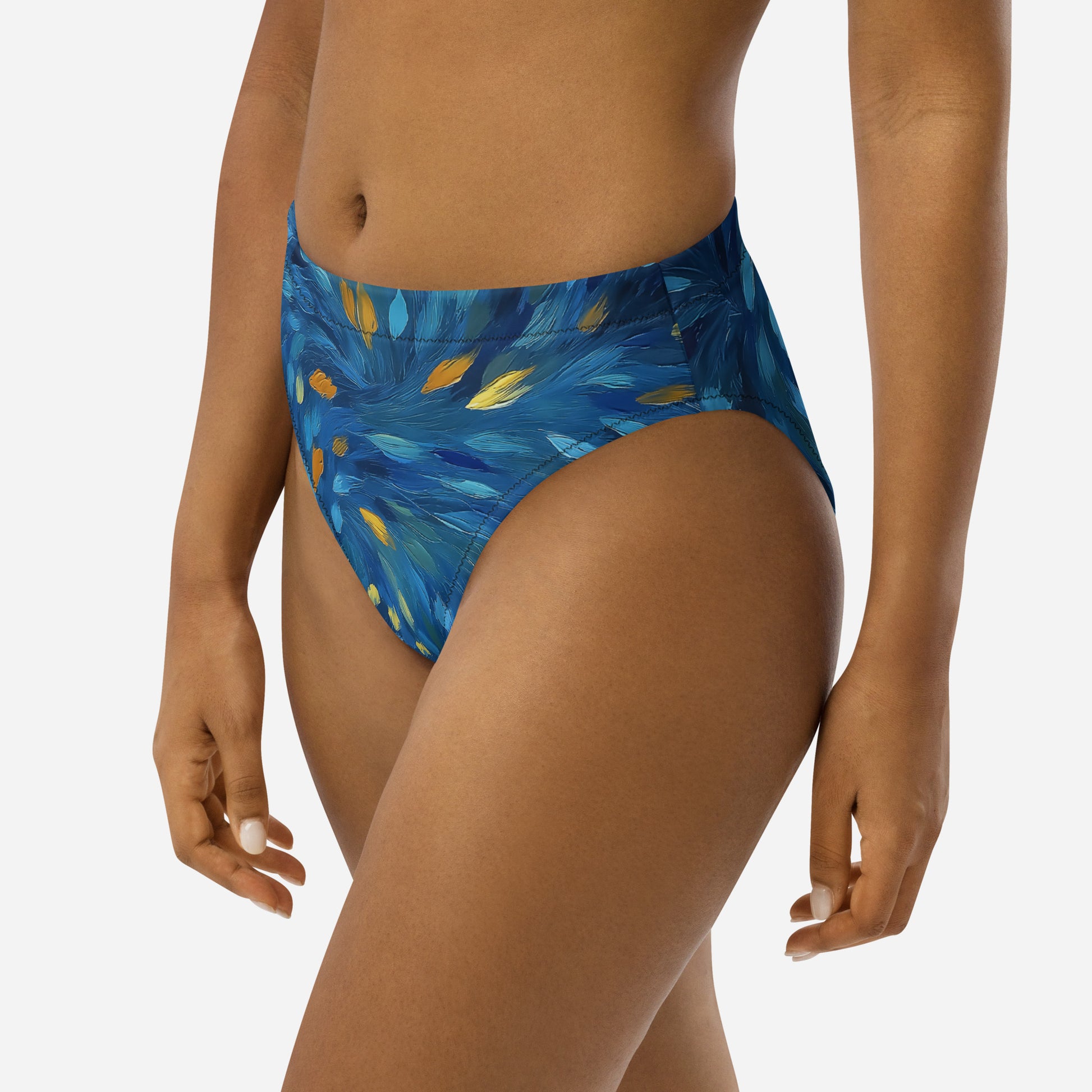 Eco-friendly high-waisted bikini bottom with swirling painterly print