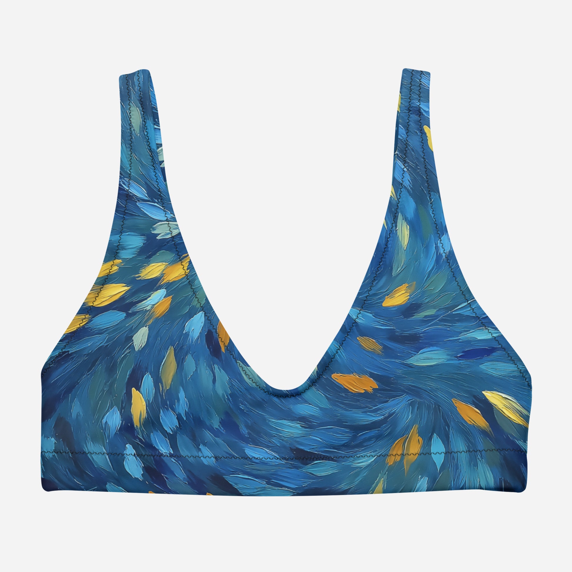 Blue and gold abstract art swim top made from recycled polyester