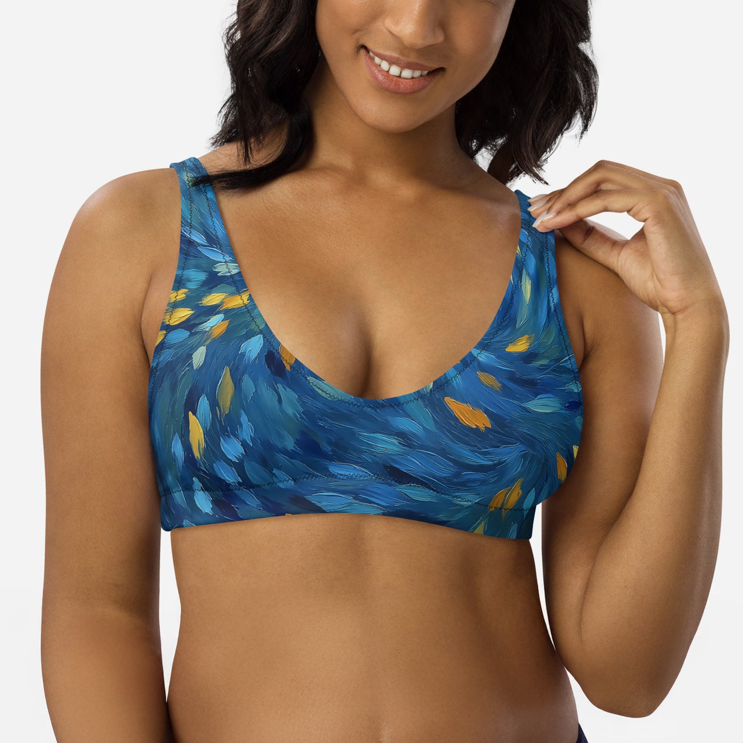 Artistic swimwear top featuring Starry Night Over the Rhône inspired design