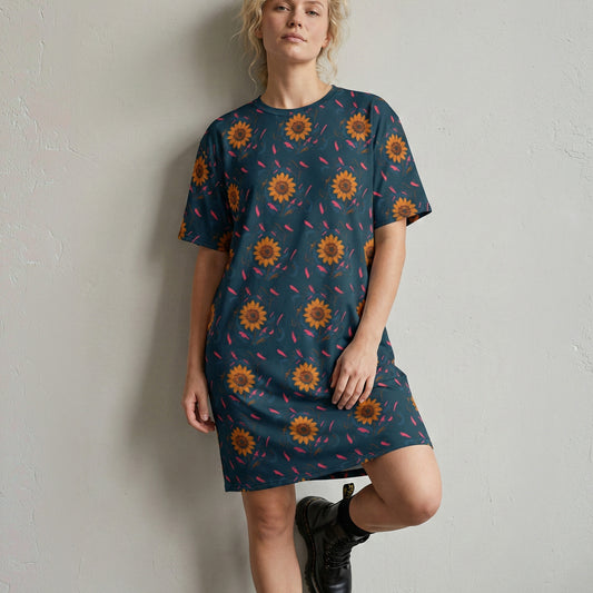 Woman wearing a blue dress with sunflower pattern against a plain background