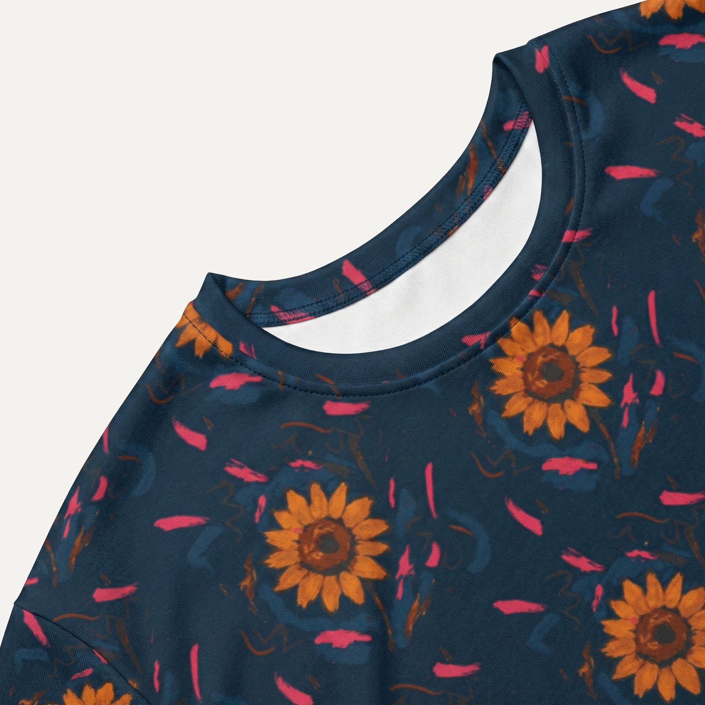 Navy blue fabric with sunflower pattern on a white background