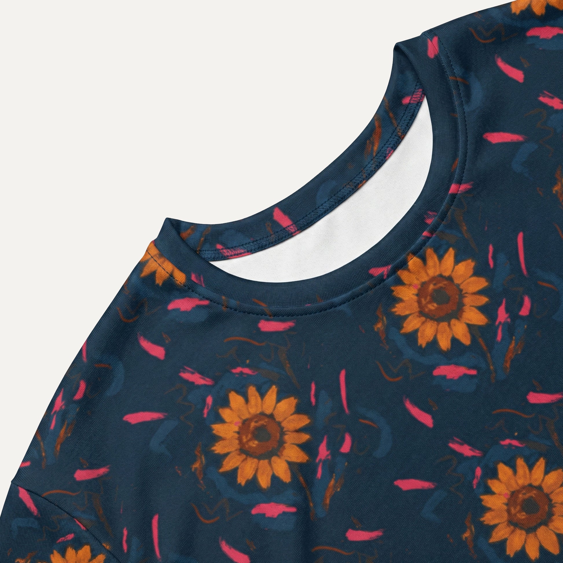 Navy blue fabric with sunflower pattern on a white background