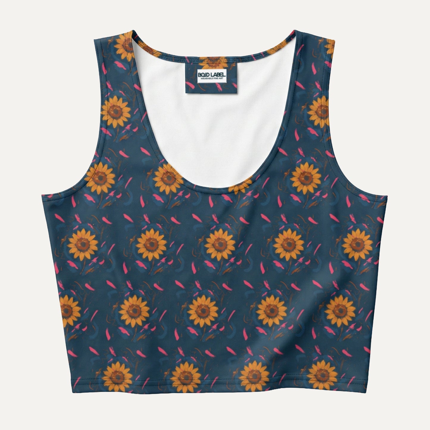 Tank top with sunflower pattern on a blue background