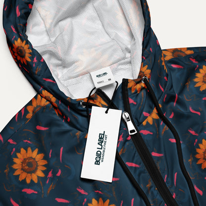 Floral-patterned jacket with a brand tag on a white background