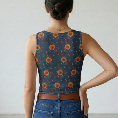 Person wearing a sleeveless top with sunflower pattern and blue jeans against a plain background