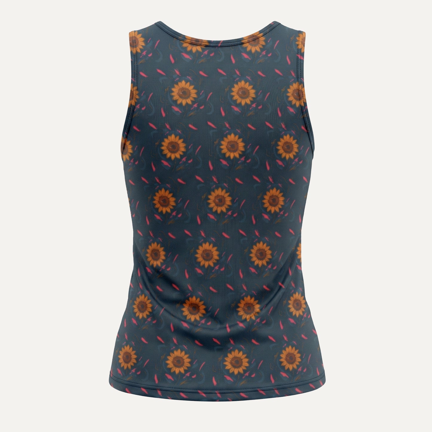 Sleeveless top with sunflower pattern on a dark blue background