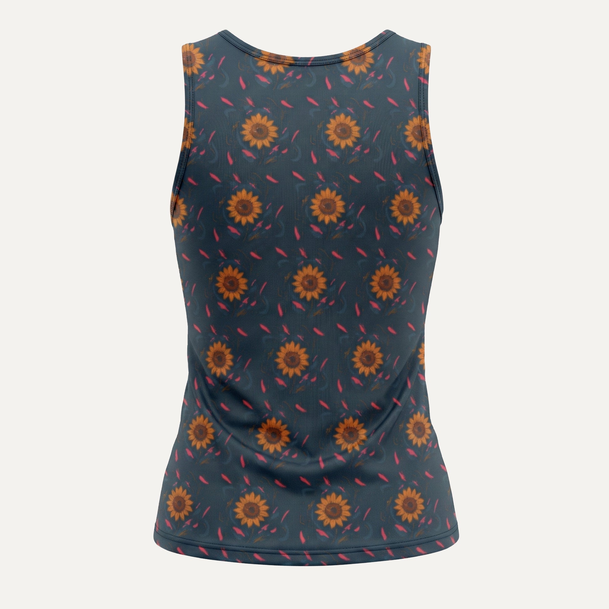 Sleeveless top with sunflower pattern on a dark blue background