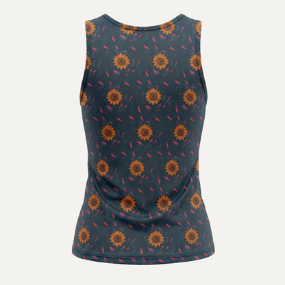 Sleeveless top with sunflower pattern on a dark blue background
