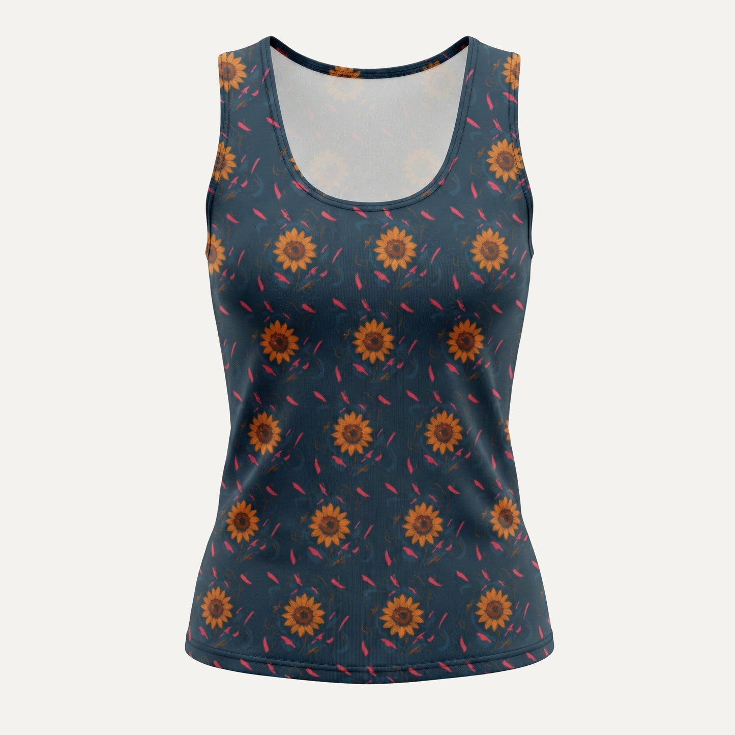 Tank top with sunflower pattern on a dark blue background