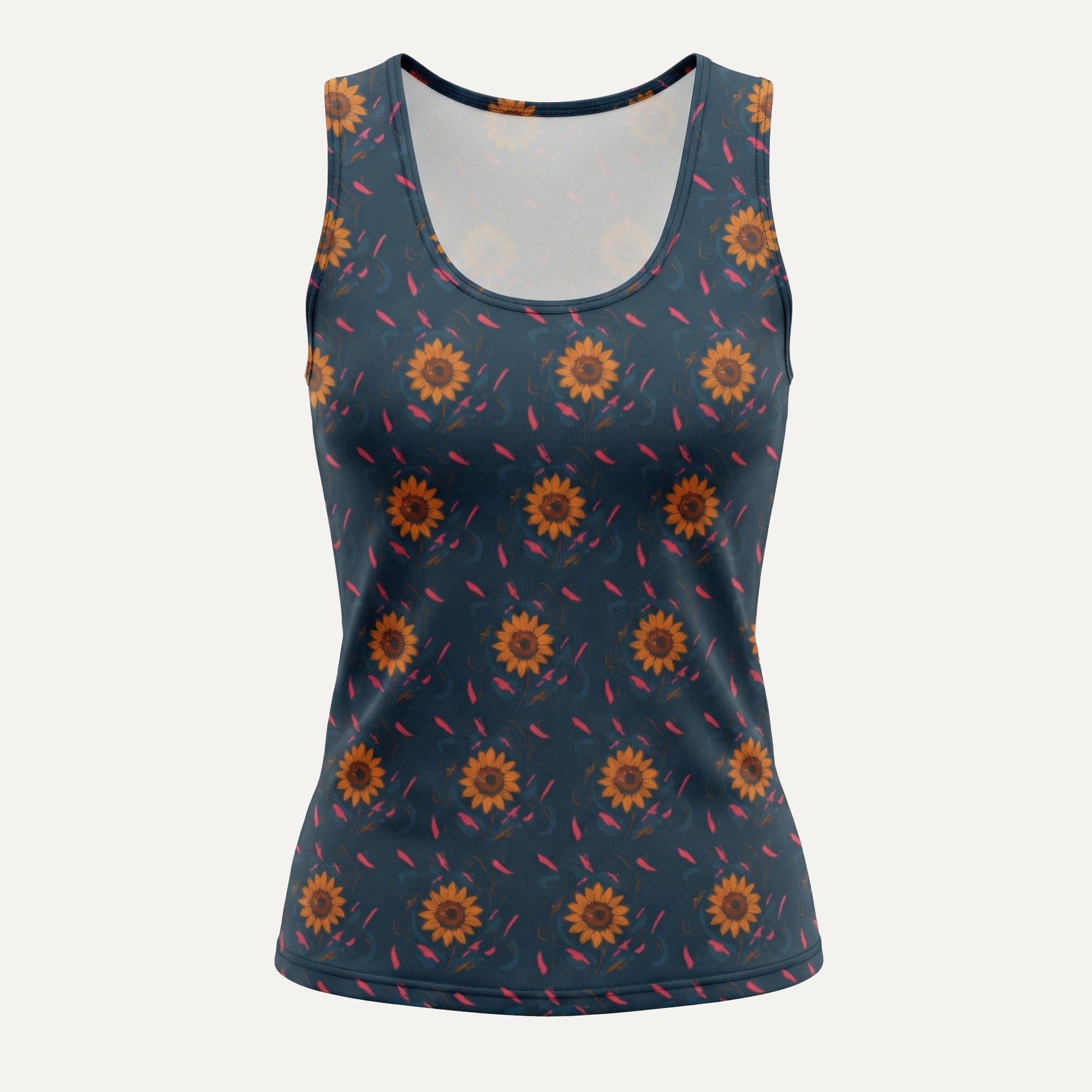 Tank top with sunflower pattern on a dark blue background