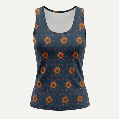 Tank top with sunflower pattern on a dark blue background