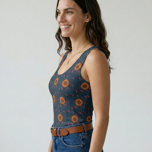 Woman wearing a patterned tank top and jeans against a plain background