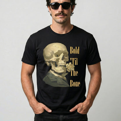 Man wearing a black t-shirt with a skull design and text on a plain background