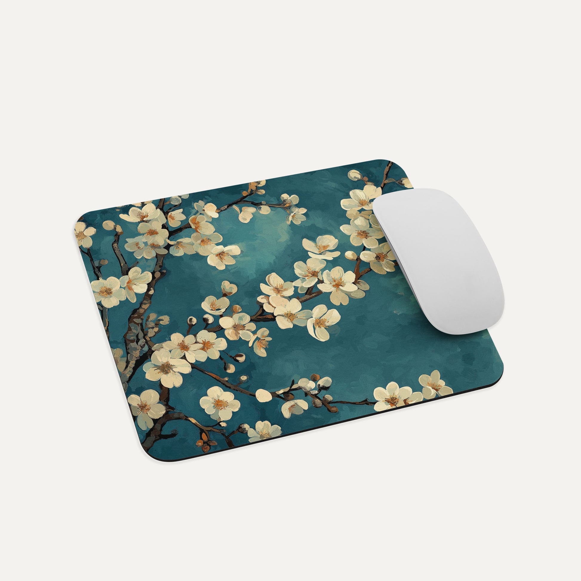 Floral mouse pad with a white mouse on a white background