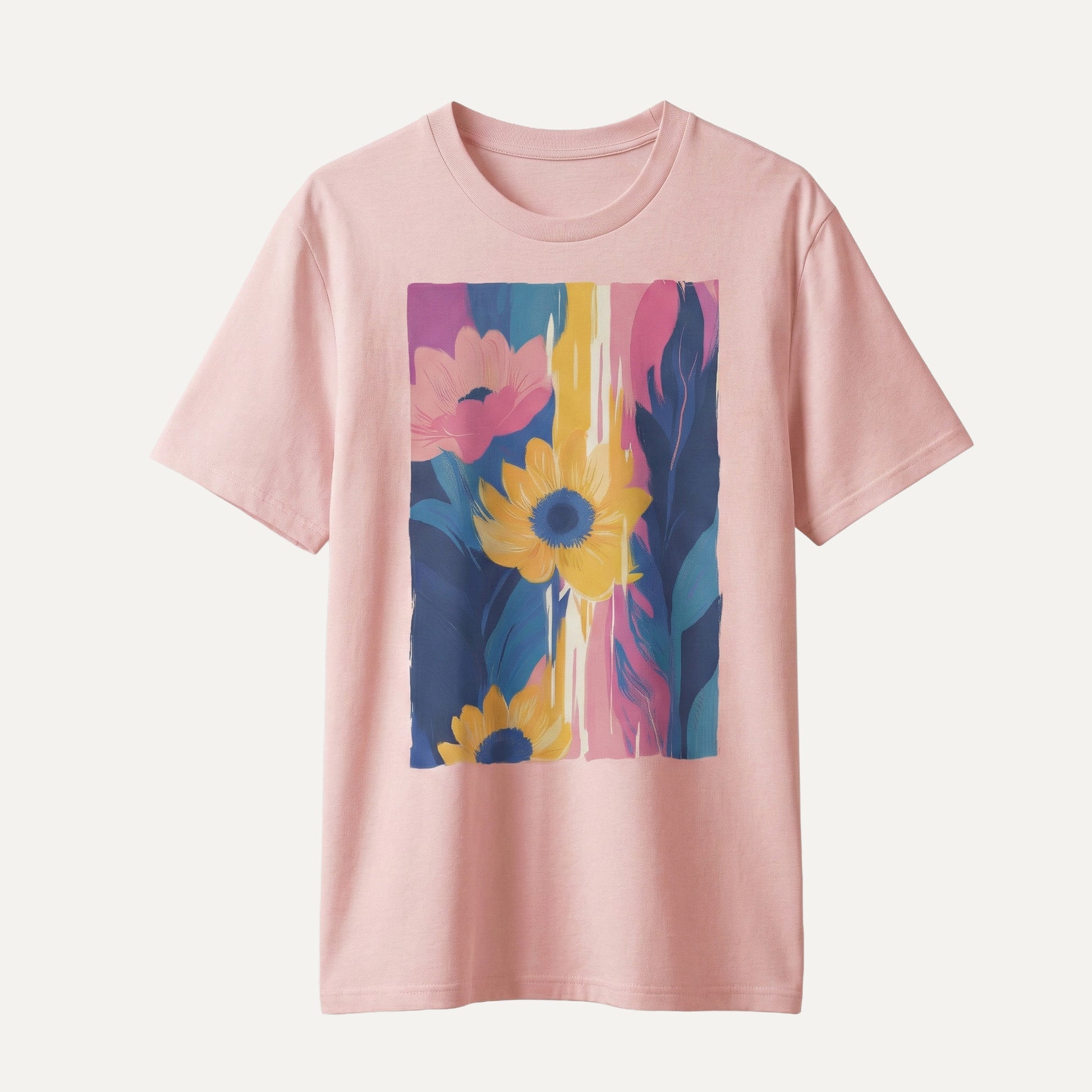 Pink t-shirt with a colorful floral design on a white background