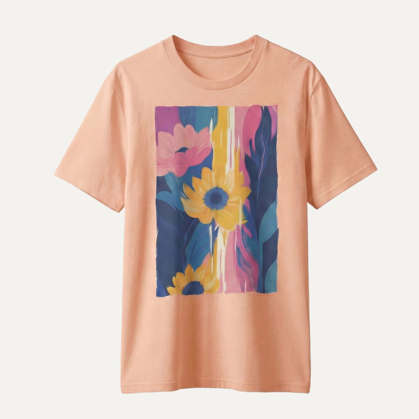 Peach-colored t-shirt with a colorful floral design on a white background