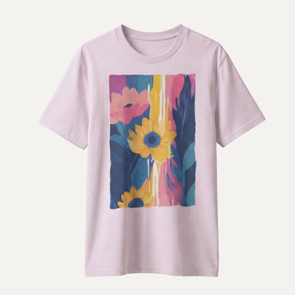 Light purple t-shirt with a colorful floral design on a white background