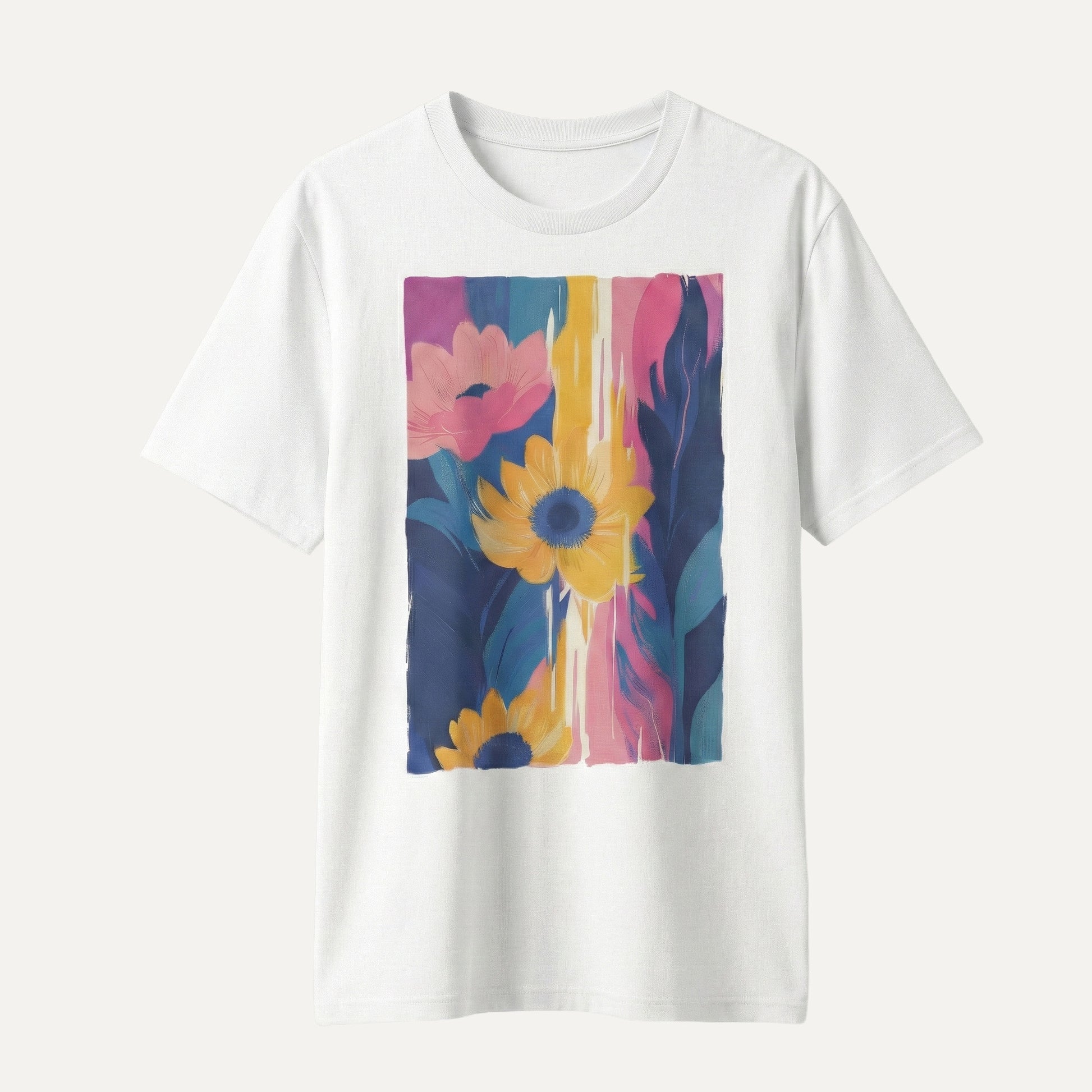 White t-shirt with a colorful floral design on a white background