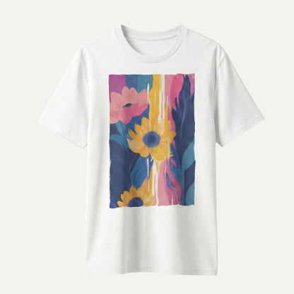 White t-shirt with a colorful floral design on a white background
