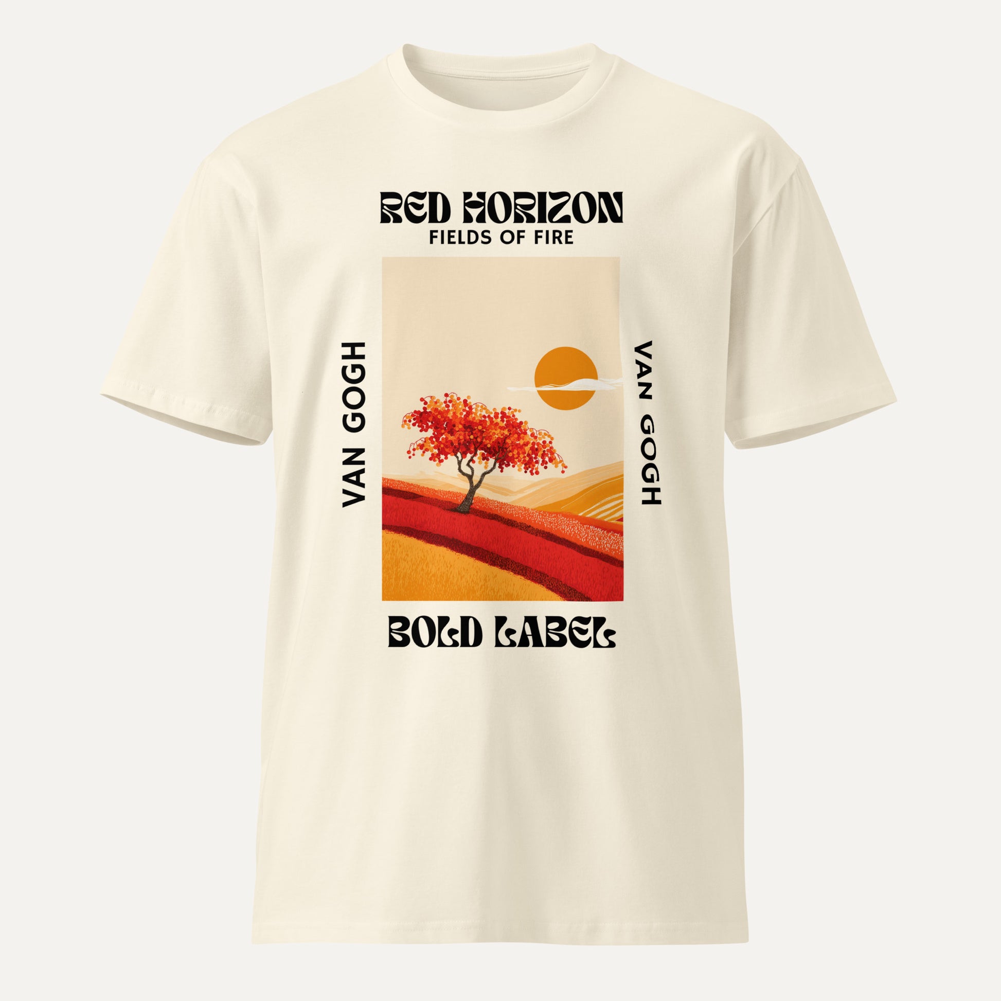 Beige t-shirt with Van Gogh artwork and text on a white background