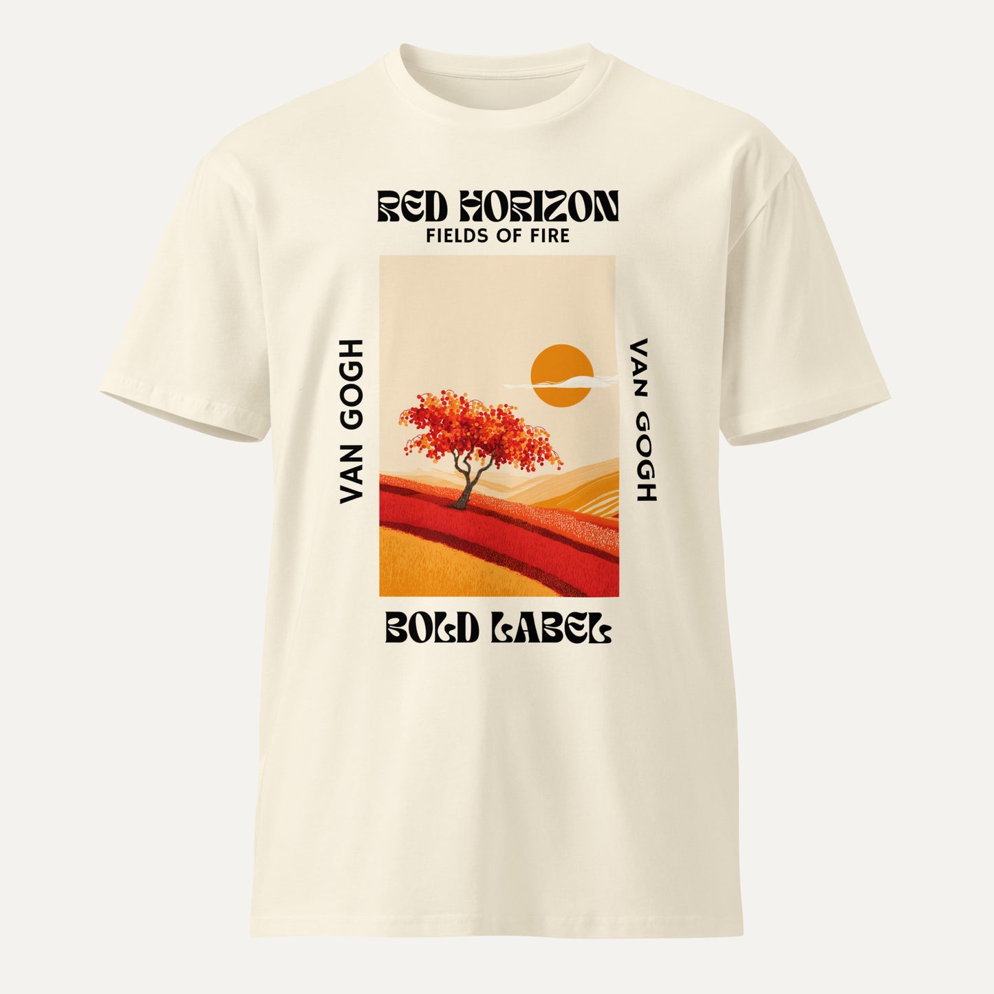 Beige t-shirt with Van Gogh artwork and text on a white background