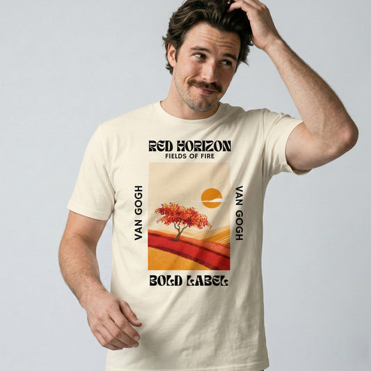 Man wearing a t-shirt with Van Gogh artwork and text on a plain background