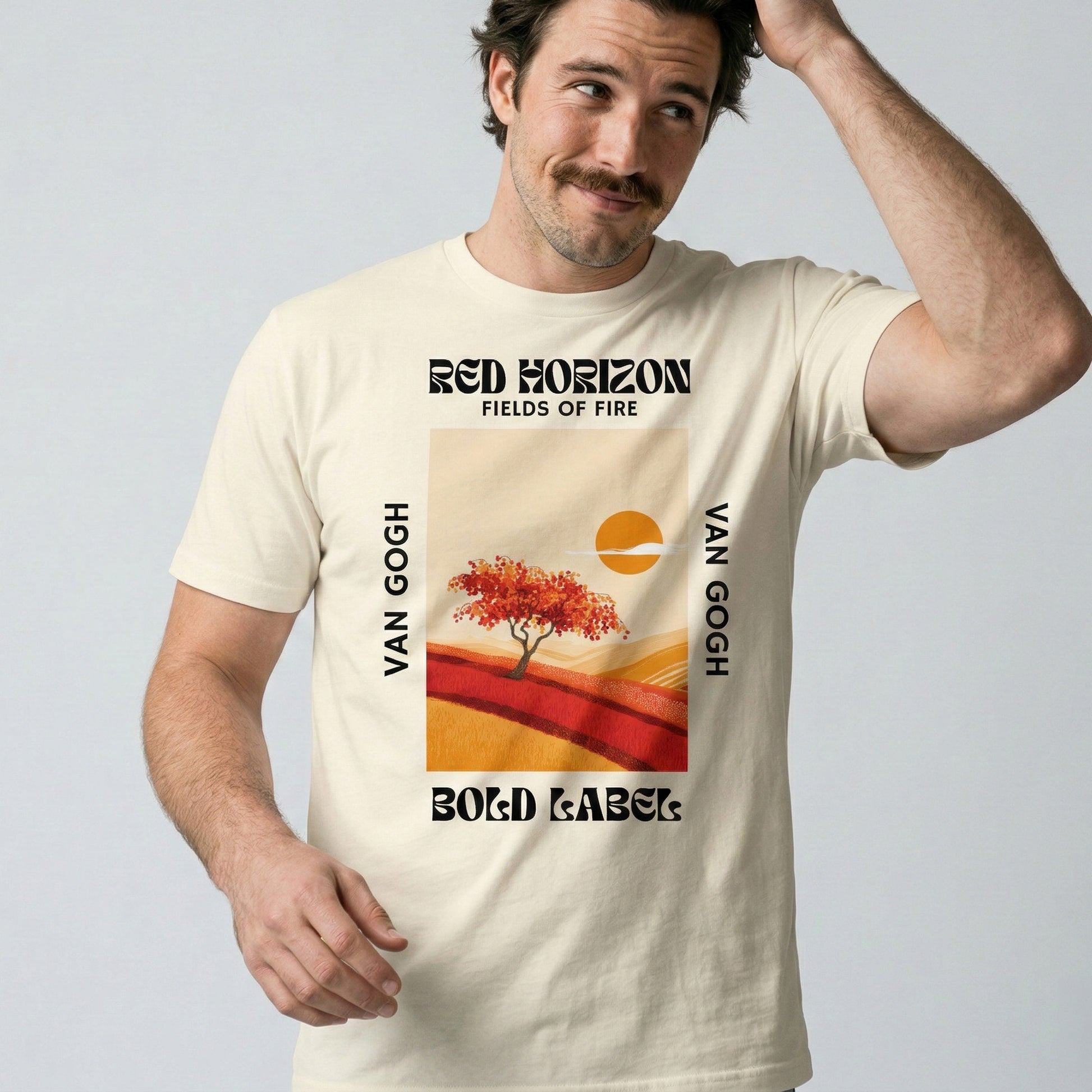 Man wearing a t-shirt with Van Gogh artwork and text