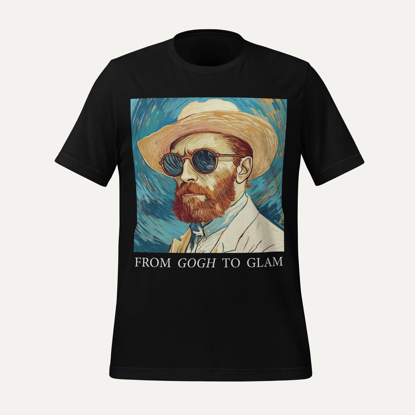 Black t-shirt with a graphic of a man in a hat and sunglasses and text 'FROM GOGH TO GLAM' on a white background.