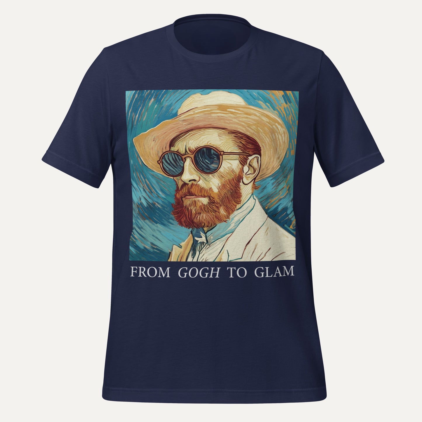Navy blue t-shirt with a graphic of a man in a hat and sunglasses, inspired by Van Gogh, on a light gray background.