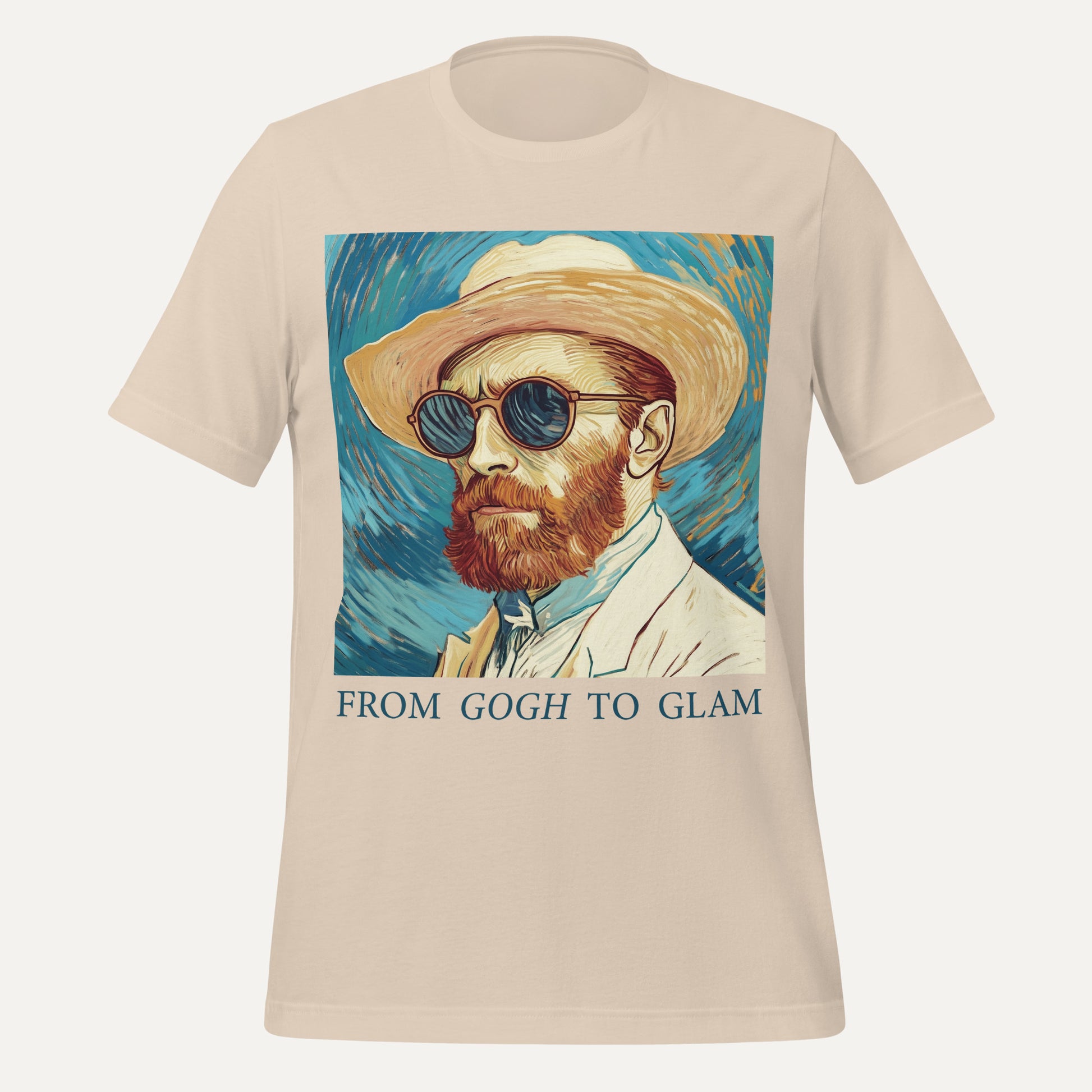 Beige t-shirt with a graphic of a man in a hat and sunglasses and text 'From Gogh to Glam' on a white background