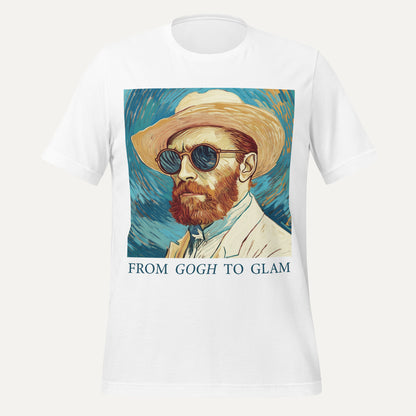 White t-shirt with a graphic of a man wearing a hat and sunglasses, with 'From Gogh to Glam' text.