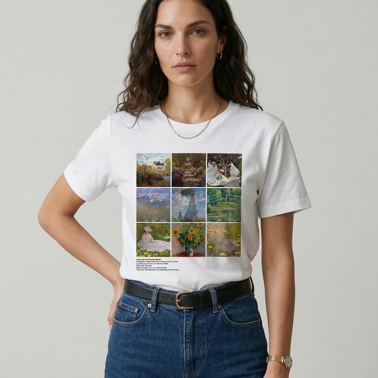 Woman wearing a white t-shirt with artistic collage design on a plain background